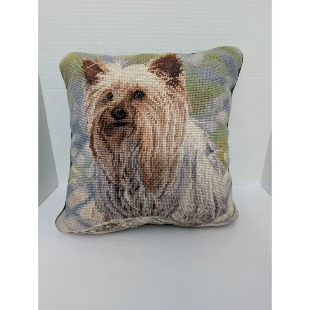Vintage Needlepoint Yorkshire Terrier Dog Pillow Decorative Canine Portrait